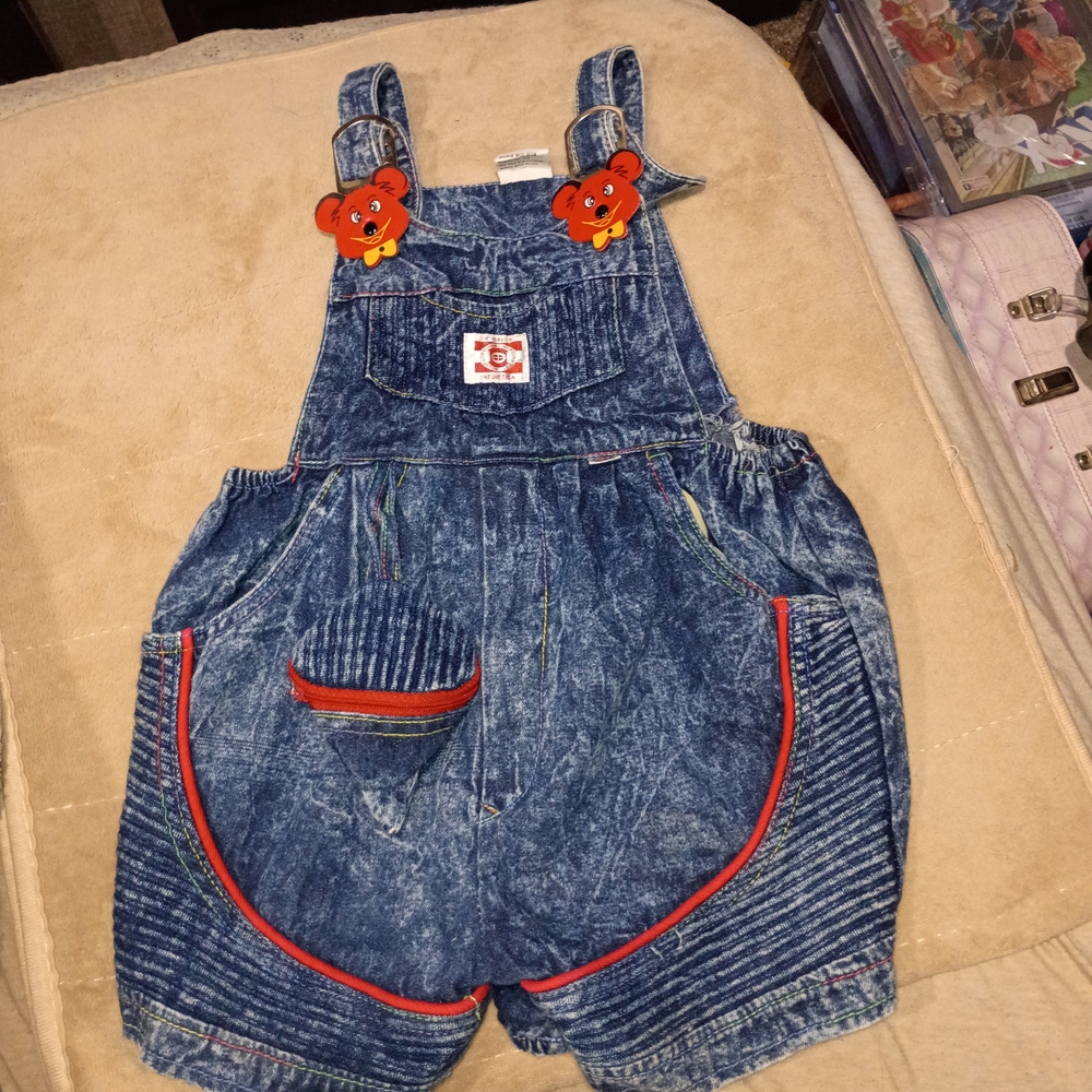 Vintage Great Flamingo Kids Blue Denim Overalls with Bear Accent 24 Months